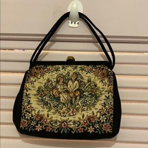 Vintage Tapestry Handbag - Black and Multicolor